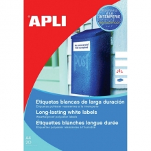 Lipnios etiketės APLI, 210 x 297 mm, A4 1 lipdukas lape, 20 lapų, balta, atsparūs aplinkos poveikiui