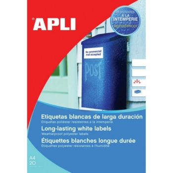 Lipnios etiketės APLI, 210 x 297 mm, A4 1 lipdukas lape, 20 lapų, balta, atsparūs aplinkos poveikiui