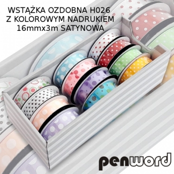 Dekoratyvinė atlasinė juostelė su taškeliais 16mm x 3m PENWORD