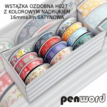 Dekoratyvinė atlasinė juostelė su gėlytėmis 16mm x 3m PENWORD