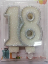Žvakutė skaičiukas 18 ant torto sidabro spalvos apvadu