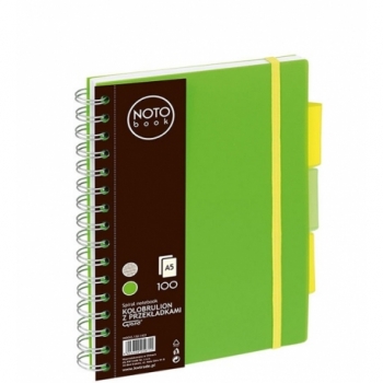 Bloknotas NOTOBOOK, Grand, A5, 100 lapų, linija, 80gsm, su spirale šone, su spalvotais skirtukais, žalios spalvos plastikinis viršelis