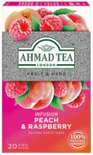 Vaisių ir žolelių arbatos mišinys AHMAD „Persikų ir aviečių“, 20 arbatos maišelių folijoje
