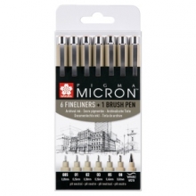 Rašiklių (rapitografų) rinkinys PIGMA MICRON SAKURA, įvairūs brėžio storiai (nuo 0,2mm iki 0,5mm), 6 vnt.+ 1 vnt. teptukinis rašiklis