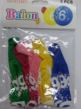Balionai įvairių spalvų su skaičiais 6 ir 0, po 5 vnt.