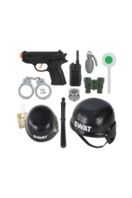 Policijos rinkinys - šalmas, lazda, ginklas, granata, telefonas, racija, ženklelis, antrankiai