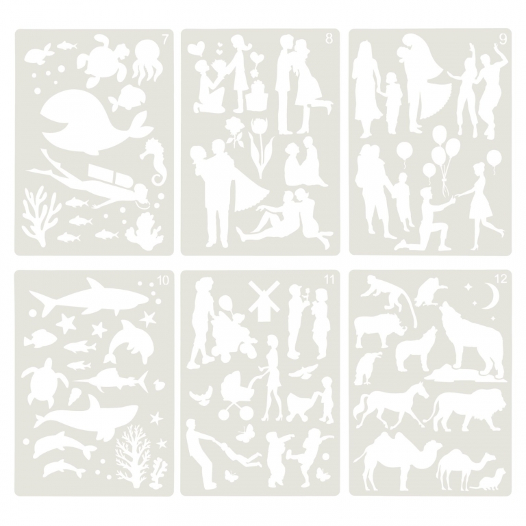 Trafaretai AIRBRUSH FUN Animal Kingdom & Family, Jolly, plastikiniai, 210x297mm, 12 vnt