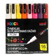Žymeklių- markerių POSCA PC-3M rinkinys su plakatinias dažais 16 vnt
