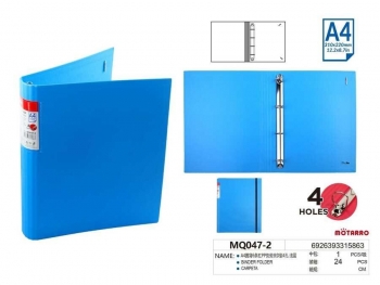 Segtuvas A4 40mm 4-ių žiedų mėlyvos spalvos su guma MOTARRO