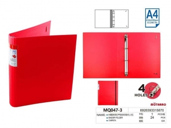 Segtuvas A4 40mm 4-ių žiedų raudonos spalvos su guma MOTARRO