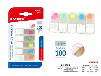 Indeksai lipnūs plastikiniai su skaičiais 13x45mm 5sk x 20lapų MOTARRO