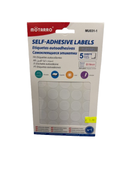 Lipnios etiketės MOTARRO apvalios baltos sp 19mm x 40vnt x 5lapai