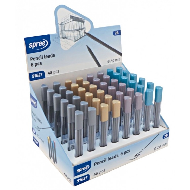 Grafitai autom.pieštukui 2.0mm 2B, 6vnt./90mm, SPREE