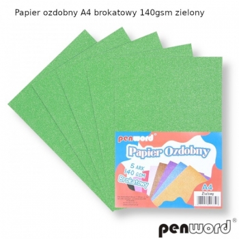 Kartonas blizgus 140g, A4, 5vnt. rinkinys, žalias PENWORD