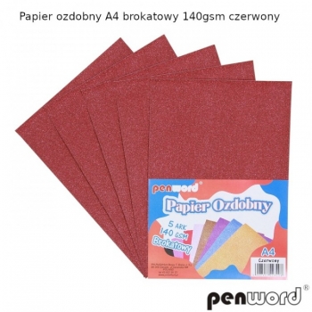 Kartonas blizgus 140g, A4, 5vnt. rinkinys, raudonas PENWORD