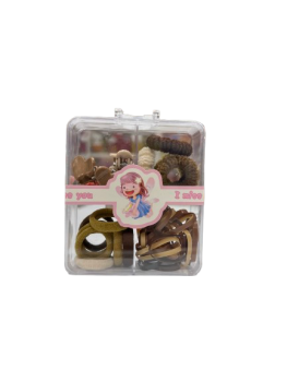 Gumytės ir segtukai rudų atspalvių dėžutėje