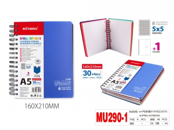 Bloknotas A5 120 lapų langeliais 90gm2 spiralinis įrišimas šone su trimis skirtukais įvairių sp plastikinis viršelis MOTARRO