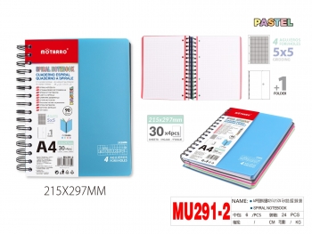 Bloknotas A4 120 lapų langeliais 90gm2 spiralinis įrišimas šone su trimis skirtukais įvairių sp plastikinis viršelis MOTARRO