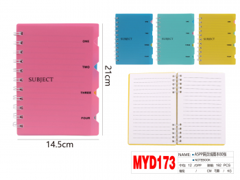 Bloknotas A5 80 lapų linija 90gm2 spiralinis įrišimas šone su keturiais skirtukais įvairių sp plastikinis viršelis MOTARRO