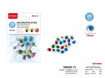 Spalvotos dekoratyvinės akys 15 mm 20 vnt MOTARRO
